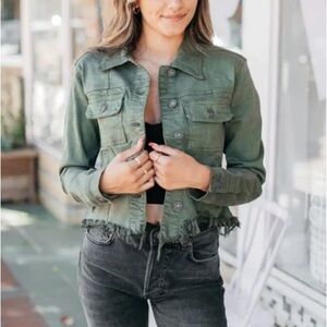 Army Green Frayed Hem Denim Jacket EUC-Sz S Cropped Olive Military Distressed